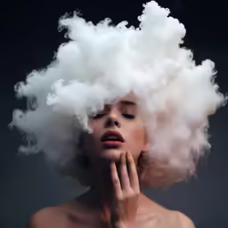 a woman wearing a large cloud head and holding her hand to her face