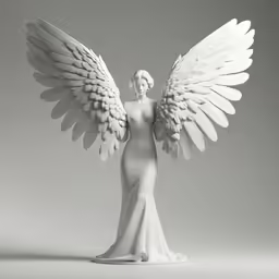 a white sculpture holding an angel wings in front of a grey background