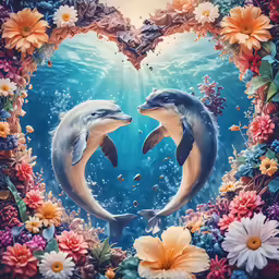the dolphins are swimming in a heart shaped frame