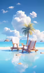 two white chairs on the beach under a palm tree