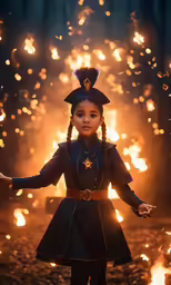 little girl standing in front of fire and lights