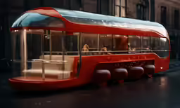 a bus sitting on top of a street near a tall building