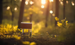 a empty chair in a forest near some trees