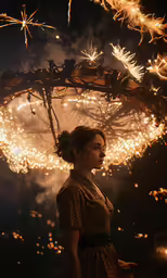 a woman standing under a structure with fireworks behind her