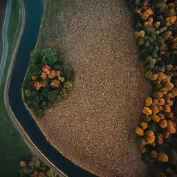 an aerial view of a creek and trees