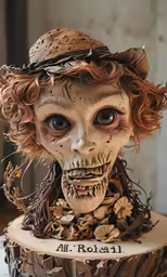 a skull like statue is displayed on a table