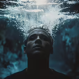a man under the water with his face underwater