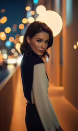 woman standing outside in the evening near street lights