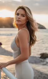 a beautiful blond woman posing by the ocean