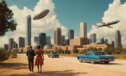 two people look into a large city on the outskirts of a flying object