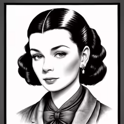 a black and white drawing of a young woman