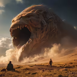 a giant godzilla looking creature being filmed by two men