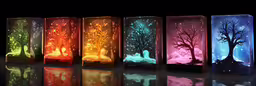 a row of colorful box shaped like trees,a row of colored glass vases with paintings on them