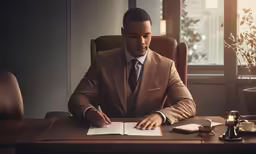 man in a suit writing on a notebook at a wooden desk