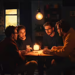several people gathered around a small table, one is lit, looking at the candle