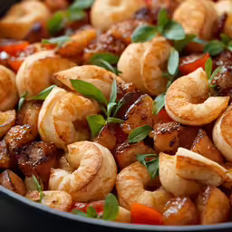 a dish of food including cooked shrimp and vegetables