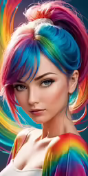 a woman with bright rainbow hair and blue eyes