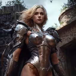 a woman in metal armor stands outside