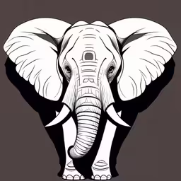 the illustration shows an elephant head in a modern drawing style,an elephant with a tusk standing side by side