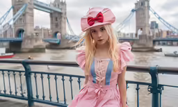 a girl in a dress standing by the bridge