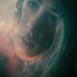 a girl looks at the camera from a wet window