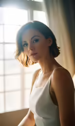 woman in white dress posing for photo by window