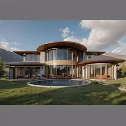 a contemporary house with a pool in the front yard