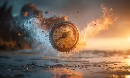 a clock on fire as it has just been broken
