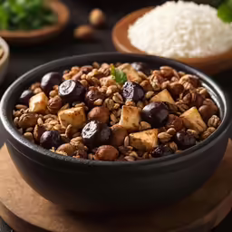 nuts, chicken, and other fruits are arranged in black bowls