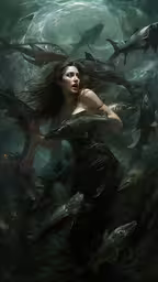 a woman in a body of water surrounded by fish,a woman in a body of water surrounded by sharks