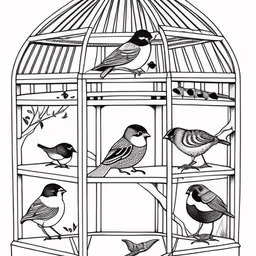 birds are in a birdcage that is decorated with a small tree,a bird in a cage drawing by hand on paper,birds sit inside a birdcage with trees,a drawing of birds in a bird cage,a cage with some birds inside of it