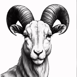 a ram with large horns standing in front of white background