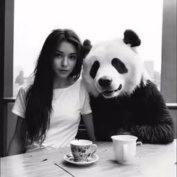 a person sitting in front of a panda bear with coffee