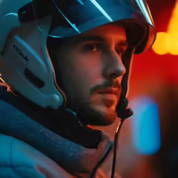 a man in his helmet is looking away