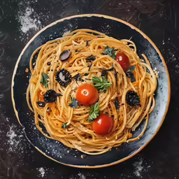 a plate with spaghetti, cherry tomatoes and spices