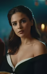 a woman in a black and white off the shoulder dress looks away from the camera