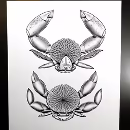 a black and white picture of crabs with claws