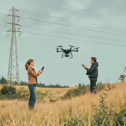 people standing in a field with a remote controlled device