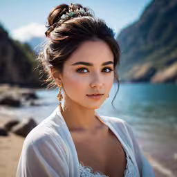 a young lady is standing on the beach posing