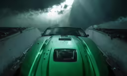 a car is parked on the street under a cloudy sky
