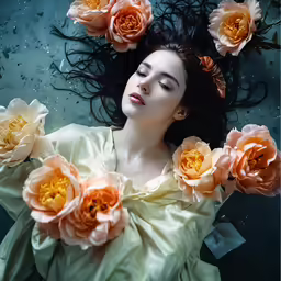 woman lying down in water with pink flowers