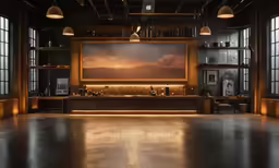 a room with a large tv and several windows