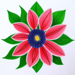 a drawing with leaves and red flower on white paper,the drawing has colored flower with green leaves on top,an image of a colored flower on white background,a pink flower with green leaves in the center,the design is beautiful and it appears to be done by a little girl or girl who is very pleased with her new technique