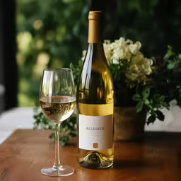 a bottle of wine sitting next to a glass filled with wine