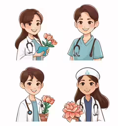 four doctors with different professions and flower designs