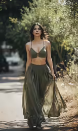 a woman walking down a road wearing a bra top and long skirt