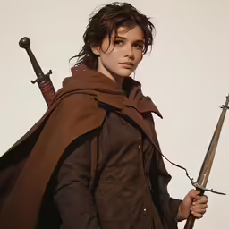 a beautiful woman holding a sword while standing next to a pole