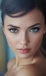 a beautiful woman in white top with blue eyes