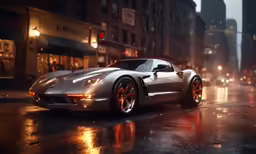 a silver sports car is driving down the street