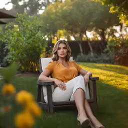 a beautiful woman sitting in a wooden chair with her legs crossed